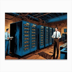 Two Men In Suits Stand In A Server Room, Looking At A Panel Canvas Print