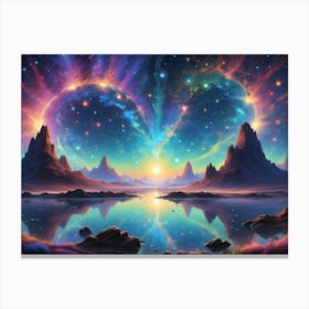 Surreal, Fantastical Landscape Illustration Depicting A Mountain Range Surrounding A Still Lake With Vibrant Colored Light, With Stars, Planets, And Galaxies Canvas Print