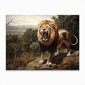 African Lion Roaring Realism Painting 3 Canvas Print