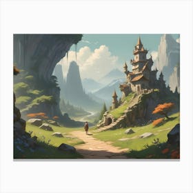 Illustration Of A Large, Detailed Castle Situated In A Picturesque, Green Landscape, With A Path Leading Up To The Structure Canvas Print