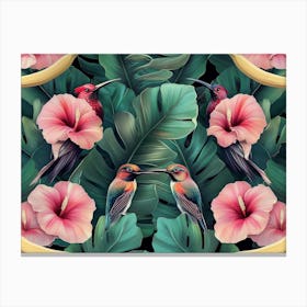 Tropical Background with Exotic Flowers, Birds and Banana Leaves Canvas Print