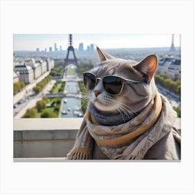 Cool Cat In Sunglasses And Scarf With Eiffel Tower In Background 1 Canvas Print