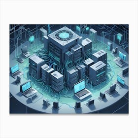 Isometric View Of A Server Room With Multiple Computers And Servers Connected By Wires Canvas Print