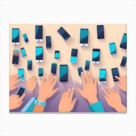 A Top Down View Of A Group Of Hands Reaching For A Row Of Smartphones On A Light Colored Surface Canvas Print