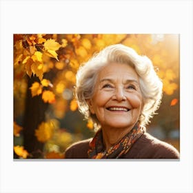 Elderly Woman Radiating Joy Amidst Crisp Autumn Leaves Close Up Orange Yellow Foliage Surrounding Canvas Print