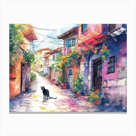 Izmir, Turkey   Cat In Street Art Watercolour Painting 3 Canvas Print