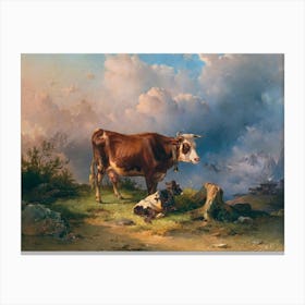 Vintage Painting Cow And Calf In The Mountains Canvas Print