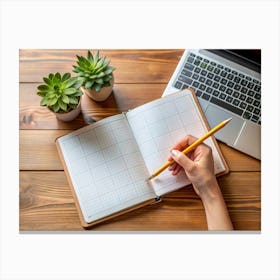 Woman S Hand Writing In A Notebook With A Laptop And Succulents Canvas Print