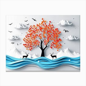 3d Modern Landscape Art with a Christmas Tree, Blue Wavy Lines, Deer, Clouds, Mountains 1 Toile