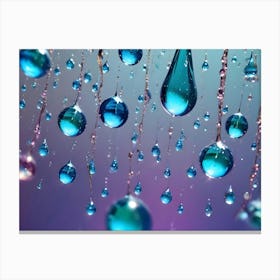 A Macro Photo Of Blue Water Droplets Suspended In Mid Air With Trails Of Water Connecting Them, Creating A Mesmerizing And Artistic Effect Canvas Print