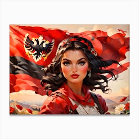 Woman Holding An Albanian Flag Canvas Print