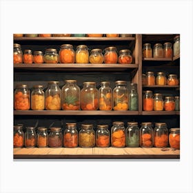 An Illustration Of A Shelf With A Collection Of Jars Filled With Colorful Ingredients Or Preserved Goods Canvas Print