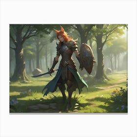 A Warrior With Fox Ears And A Sword, Wearing Armor, Stands In A Forest Clearing Canvas Print