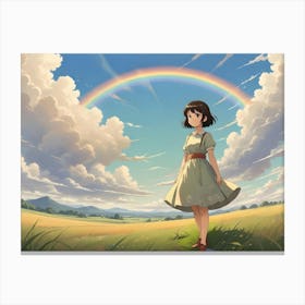 An Anime Girl In A Green Dress Stands In A Field, Gazing At A Rainbow Arcing Over A Lush Landscape Canvas Print