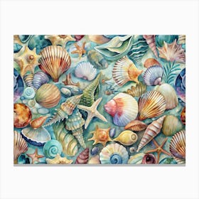 Watercolor Seamless Pattern Of Seashells And Starfish Canvas Print