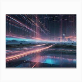 Abstract Image Of A Futuristic Cityscape With A Road Leading Through It, With Glowing Lines Of Light Creating A Sense Of Speed And Energy Canvas Print