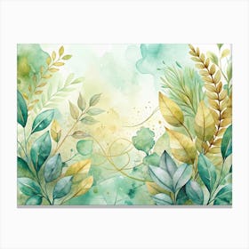 Watercolor Painting Of Green And Gold Leaves Canvas Print