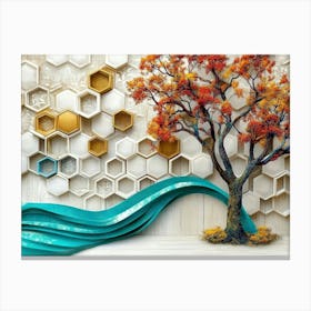 Golden Hexagons and White Lattice Tiles on Oak with A Turquoise Tree Amidst Colorful Canvas Print