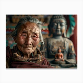 Shantiva zaga, a close up look in fornt of Buddha Canvas Print