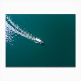 Drone view of the boat in the lake. Lake Orta. Italy. Canvas Print