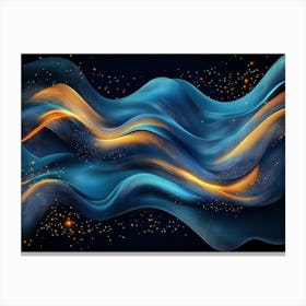 Abstract Blue And Gold Wave Design With Fluid Lines And Glowing Stars On A Dark Canvas Print