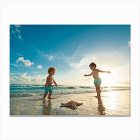 Child Blissful Expression Interacting With A Starfish Beside Wet Sand Turquoise Sea Gently Lappin Canvas Print