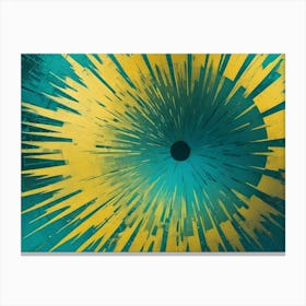 A Colorful, Abstract Design Featuring A Central Black Circle Surrounded By Radial Lines In Shades Of Yellow And Green Canvas Print