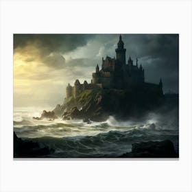 Ancient weathered stone castle atop a steep cliff overlooking a stormy sea Canvas Print