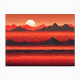 A Stylized, Pixelated Image Of A Sunset Over A Mountain Range, Creating A Digital And Futuristic Feel Canvas Print