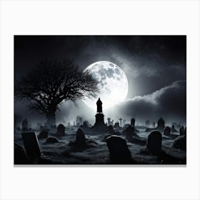 Full Moon Illuminating A Night Sky Clouded By Whispers Of Fog Gravestones Silhouetted Against The E (3) Canvas Print