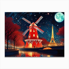 The Can Can Can ~ Moulin Rouge Paris Red Windmill And Iconic Eiffel Tower River ~ Travel Adventure Wall Decor Futuristic Sci-Fi Trippy Surrealism Modern Digital Mandala Awakening Fractals Spiritual Artwork Psychedelic Colorful Cubic Abstract Universe Canvas Print