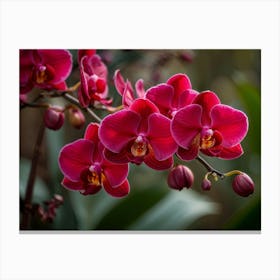 Red Orchids In Full Bloom Contrasting Sharply Against A Serene Backdrop Mid Explosion Motion Captu Canvas Print