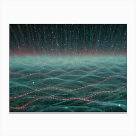 Abstract Landscape With Glowing Lines Of Red And Green Light And Dots Of Light In A Blue, Cloudy Night Sky Canvas Print