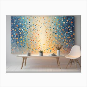 A Modern, Minimalist Interior Features A Large Abstract Painting With Colorful Circles Above A Simple Table And Chair Canvas Print