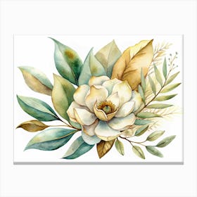 Watercolor Painting Of A White Magnolia Flower With Leaves Canvas Print