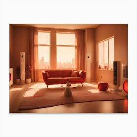 A Living Room With Beige Walls, A Red Couch, A White Coffee Table, And Two Large Speakers With Glowing Red Lights Canvas Print