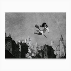 Flight of Fancy 1927 - William Mortensen, Rare Vintage Victorian Pencil Drawing of a Naked Witch on a Broomstick Above Houses, Witchcore Cottagecore Cool Witchcraft Magick Canvas Print