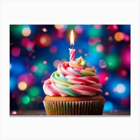 Cupcake With Vibrant Swirls Of Pink Blue And Green Frosting Single Lit Candle Atop Celebrating A (5) Canvas Print