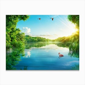 Green Flamingo Mid Glide Over A Glass Like Lake Reflection Rippling Beneath Whimsical Atmosphere Canvas Print