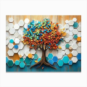 Vibrant With A Whimsical Tree, White Lattice Tiles, And Colorful Hexagons On Oak Wood 2 Canvas Print