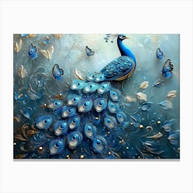 3d Blue Peacock Art with Butterfly 1 Canvas Print