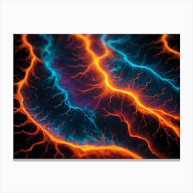 Intricate, Abstract Patterns Formed By Glowing Orange And Blue Lines, Resembling Lightning, Energy Streams, Or Neural Networks Canvas Print