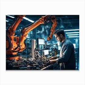 An Artificial Intelligence Engineer Immersed In A High Tech Manufacturing Factory Examining The Com (3) Canvas Print