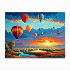 Hot Air Balloons in the sky, landscape with hot air balloons, hot air balloons in sunset, digital art, digital painting Canvas Print