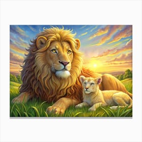 Lion And Lion Cub Sitting In Grass Canvas Print