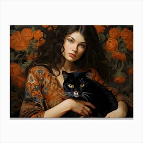 Contemporary Floral Cat And Woman 3 Canvas Print