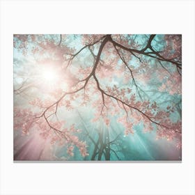 Mystical, Ethereal Forest Scene With Glowing Sun Rays Filtering Through Branches And Leaves Canvas Print