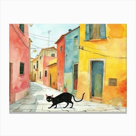 Black Cat In Brindisi, Italy, Street Art Watercolour Painting 2 Canvas Print