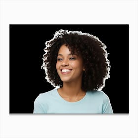 A Portrait Of A Smiling Young Woman With Curly Brown Hair, Isolated On A Black Background Canvas Print