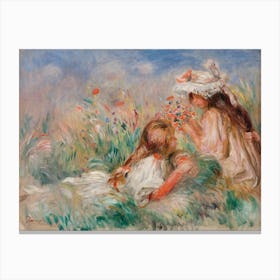 Girls In The Grass Arranging A Bouquet, Pierre Auguste Renoir Canvas Print